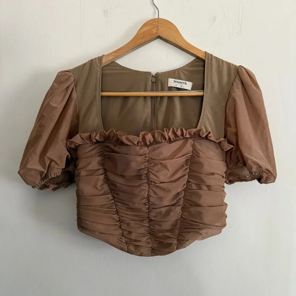 HOUSE OF CB | Norah Light Brown Ruched Puff Sleeve Mesh Corset Top | Medium